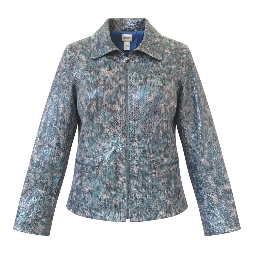 Chicos Blue Metallic Snakeskin Leather Jacket Zip Front Collared Size 2 Large